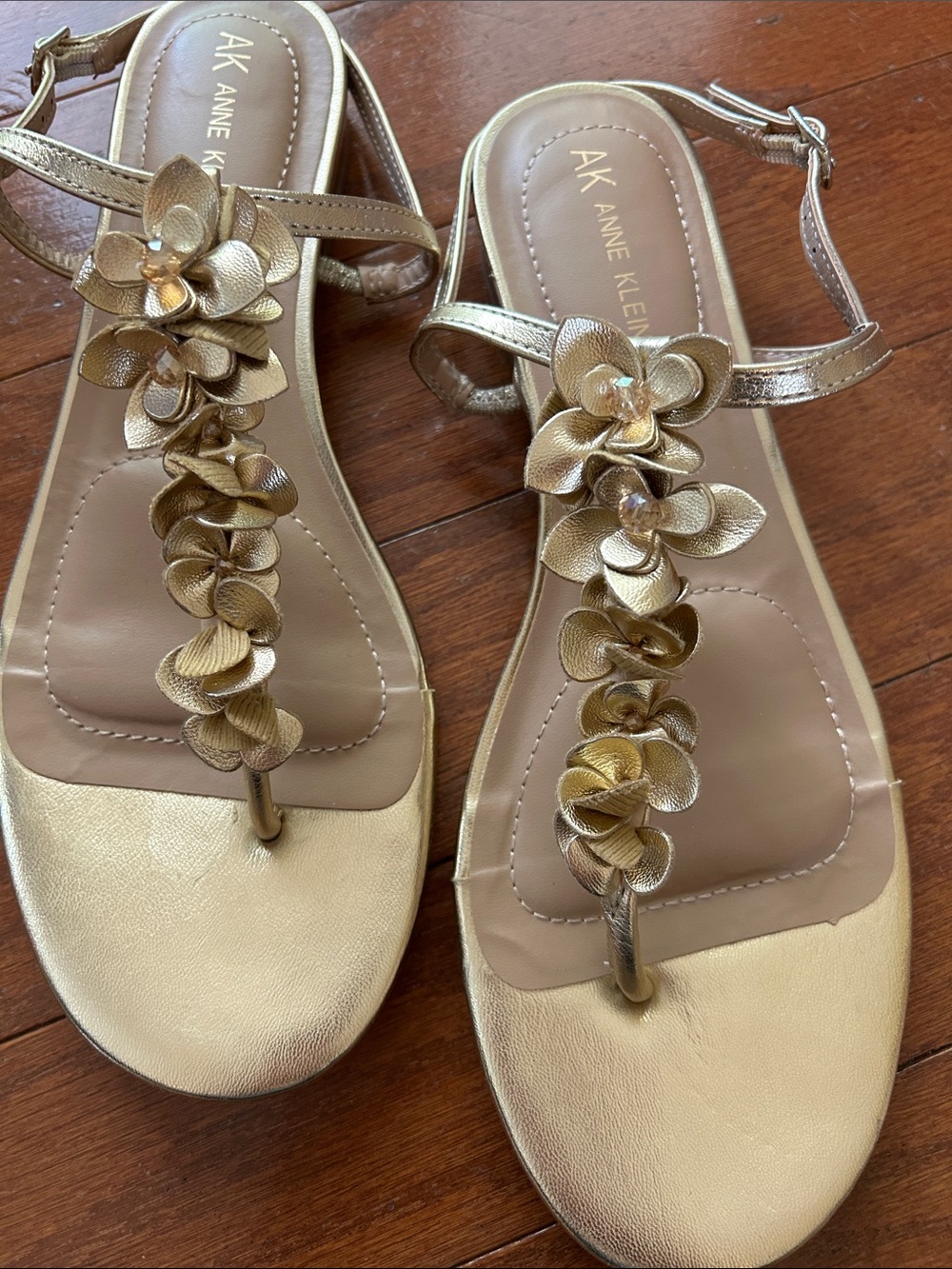 Anne Klein Gold Floral T-Strap Sandals with Ankle Strap